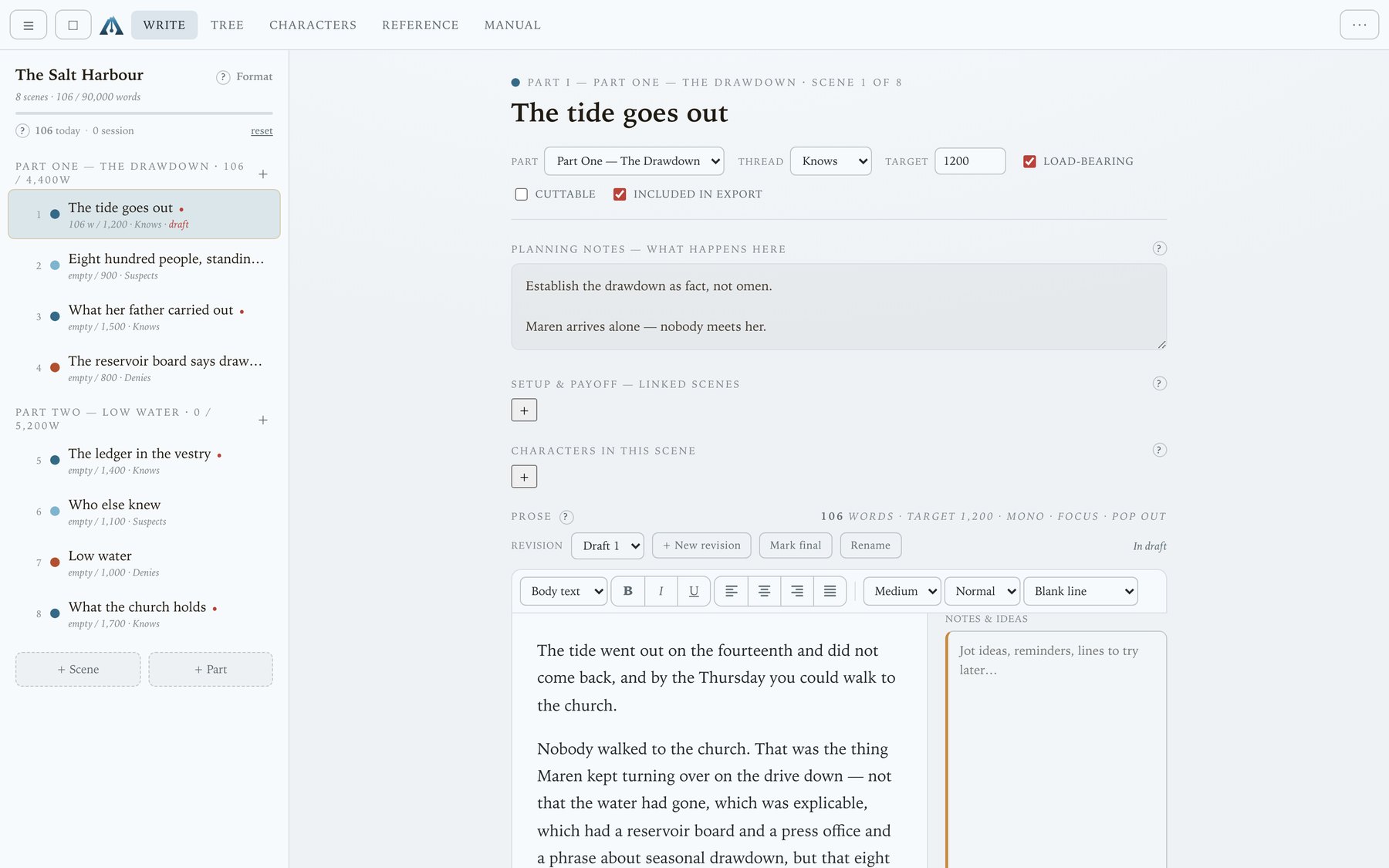 Glacier's Write view: the outline on the left, and on the right a scene with its purpose, planning notes, thread and word target above the prose editor.
